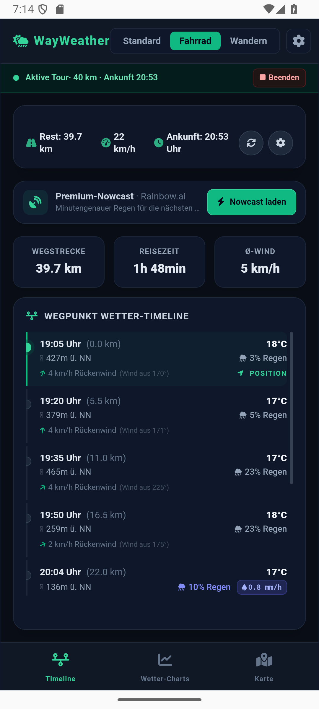 Echte Android-Beta nach der Wetterberechnung: Timeline der 39,7 Kilometer langen Odenwald-Beispielroute mit Temperatur, Regen und Wind entlang der Strecke.
